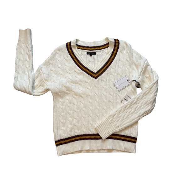 NWT, 1. State White Cable Knit V Neck Preppy Tennis Academia Sweater, Sz XS - Picture 9 of 13